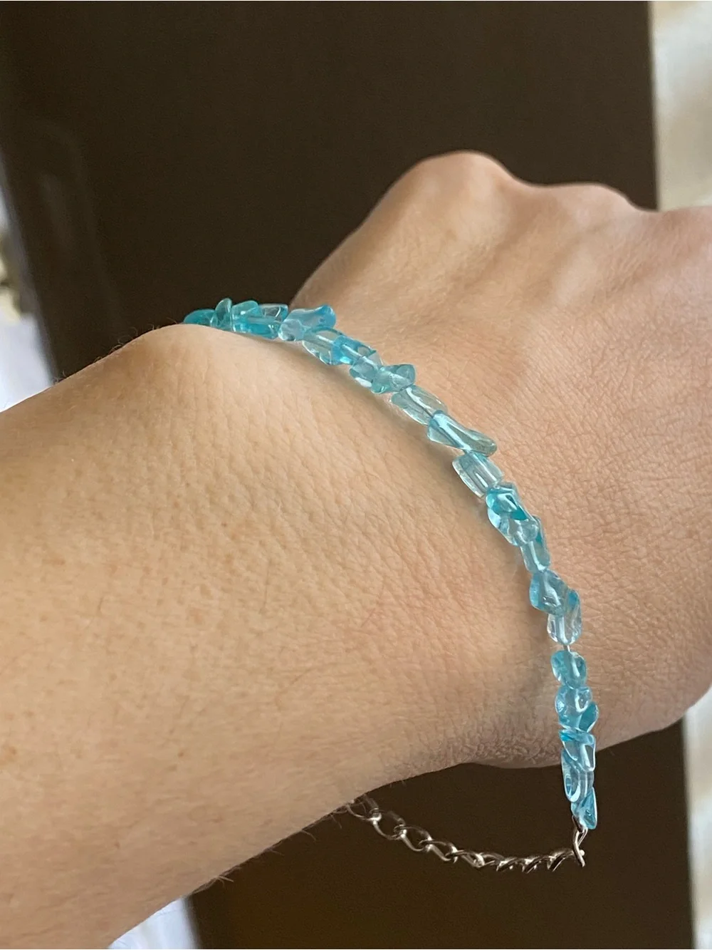Natural Blue Apatite Chip - Adjustable Silver Bracelet